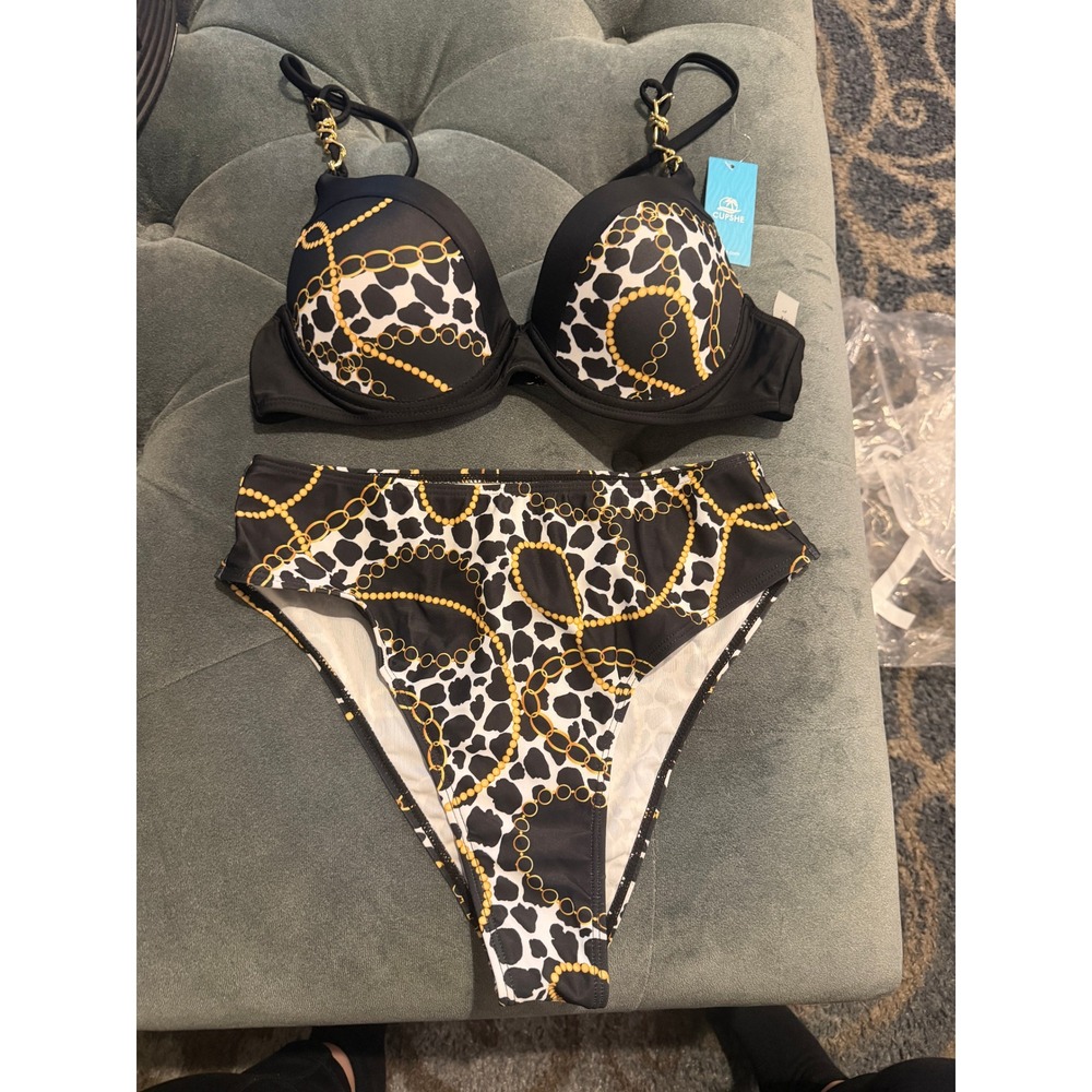 Cupshe Womens Bikini Set Large Black White Animal Gold Chain Print Underwire NWT